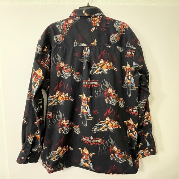 Mens Santa North Pole Choppers Motorcycle Graphic Button Up Shirt XL Long Sleeve - Picture 2 of 11